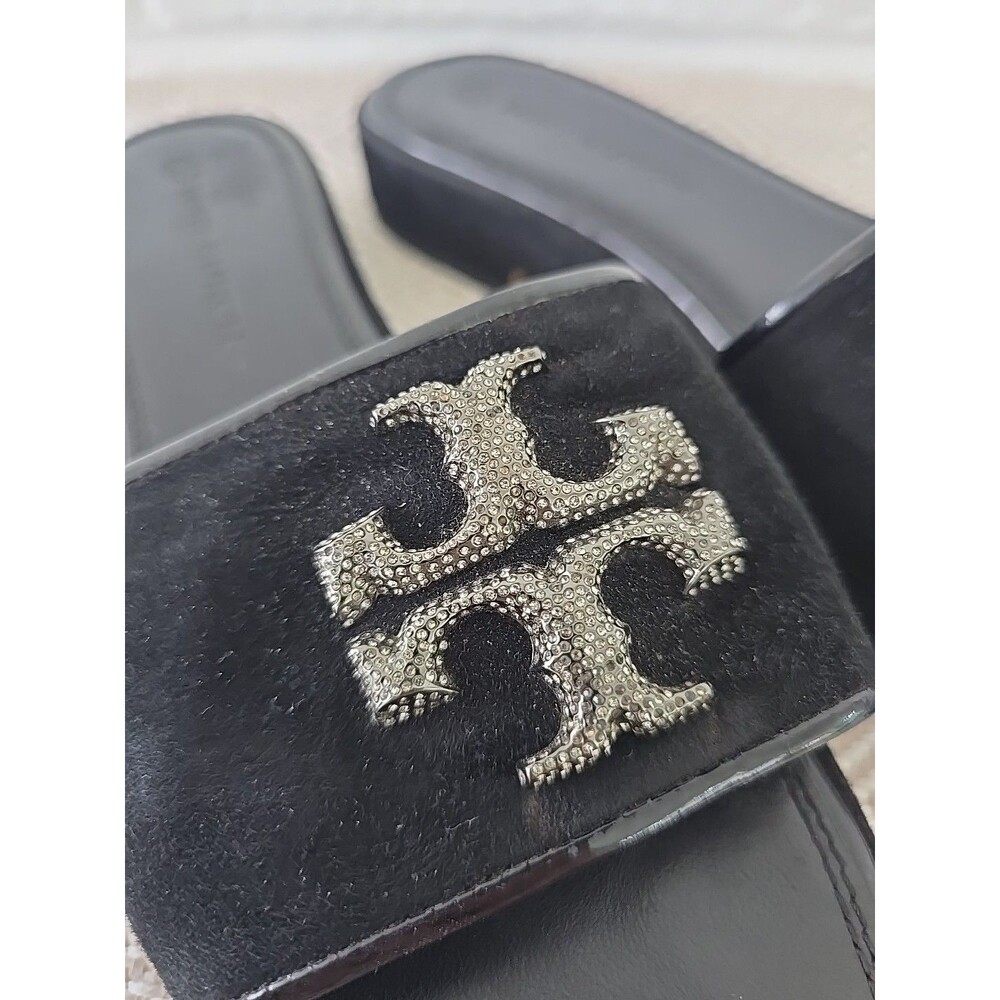Tory Burch Eleanor Pavé Slide Sandals in Black Suede Crystal Embellished Logos 9 - Picture 5 of 13